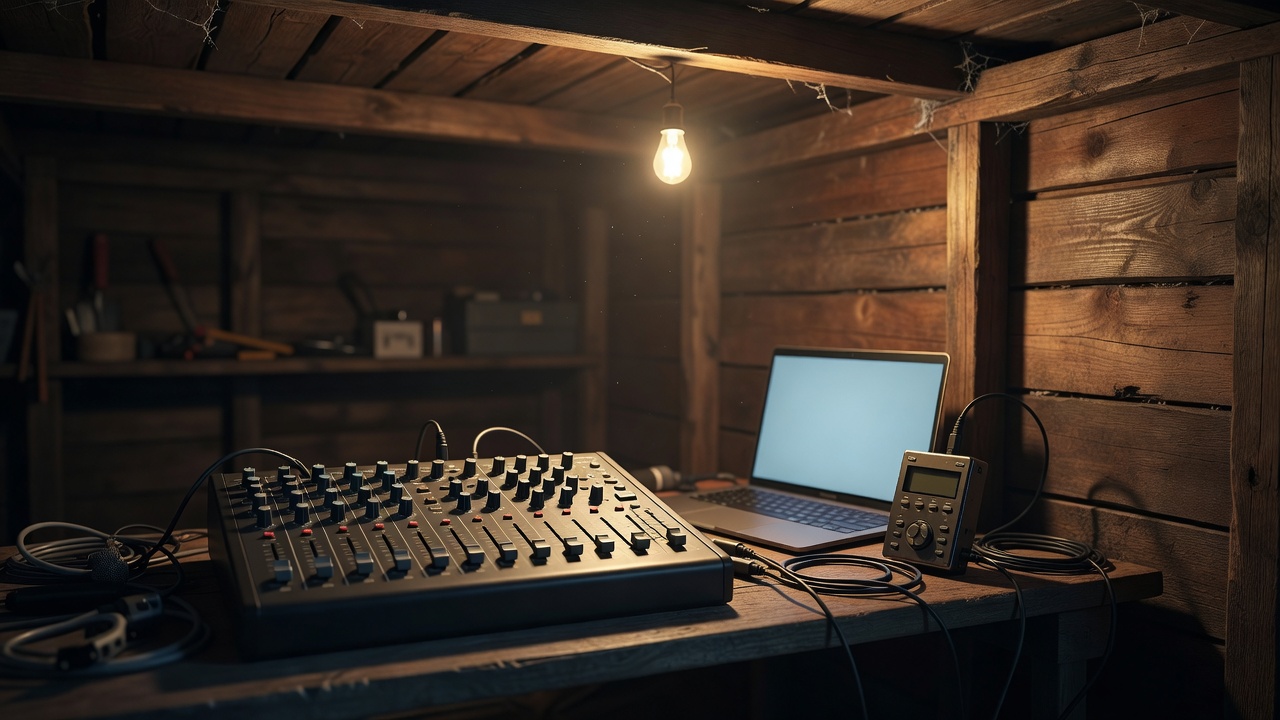 Simple sound desk with a laptop and recorder inside a dim wooden garden shed