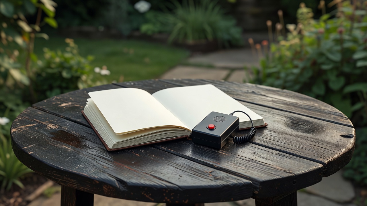 Open notebook and a small audio recorder on a dark wooden garden table