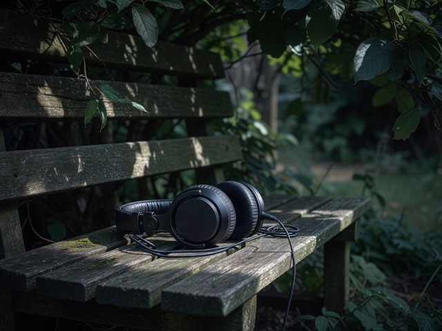 Studio headphones resting on a weathered garden bench in deep shade
