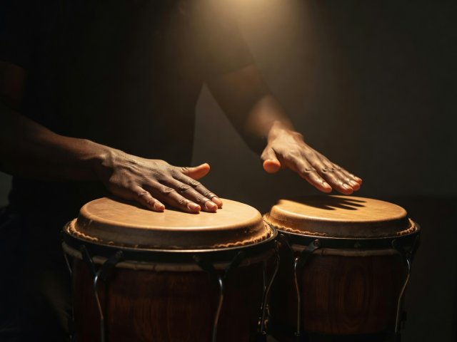 Hands striking a pair of bongos under a single warm spotlight