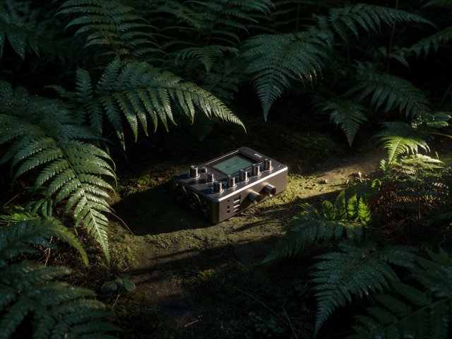 Small field recorder placed among dark ferns in dramatic side light